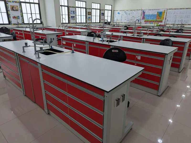 Science laboratory workbench with reagent rack