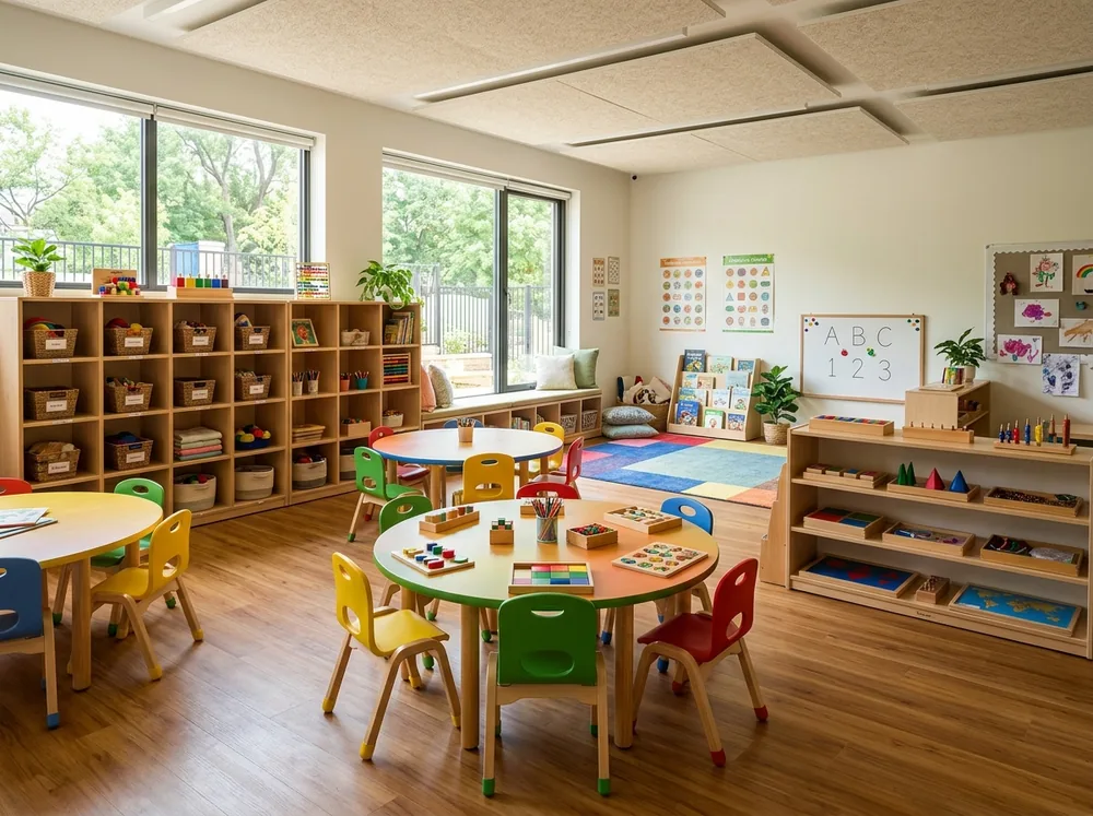 Preschool and nursery kindergarten classroom with round activity tables, colorful chairs, and cubby shelves