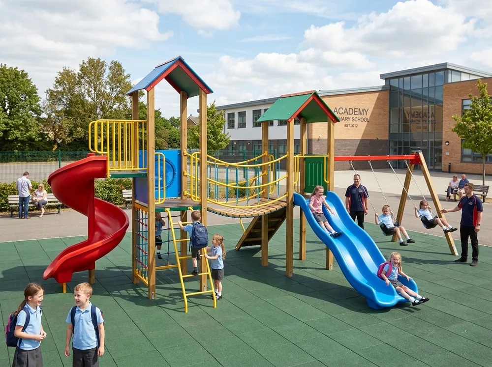 Commercial outdoor playground multiplay station with slides, swings, and bridge climbers