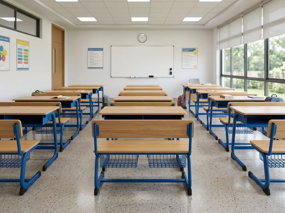 Modern school classroom desks, dual benches, and student chairs